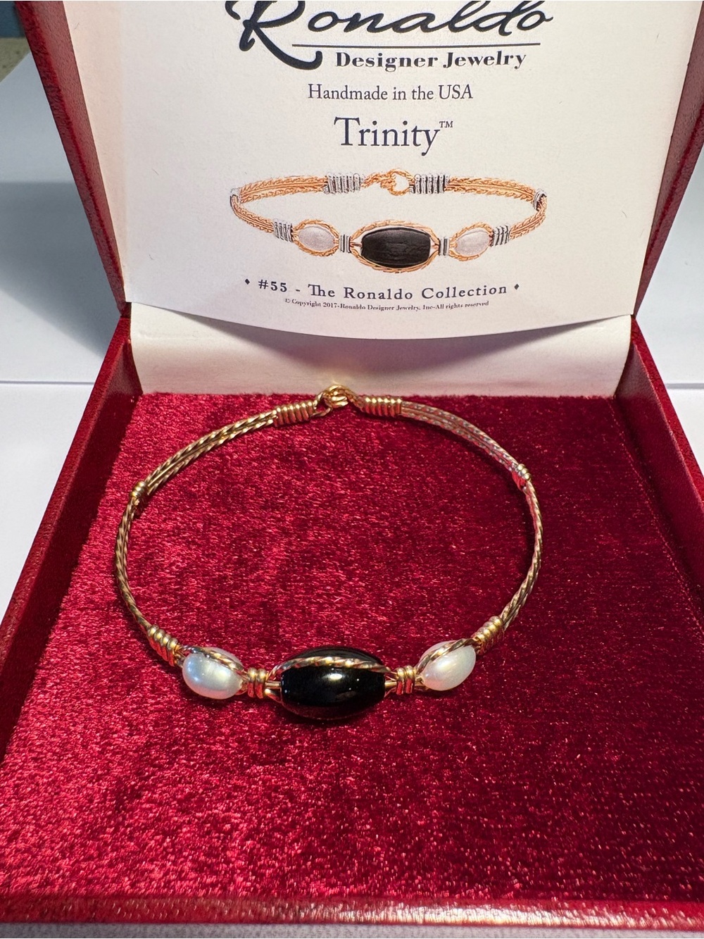 Trinity Gold Wire Bracelet with Black Center and Pearl Accents
